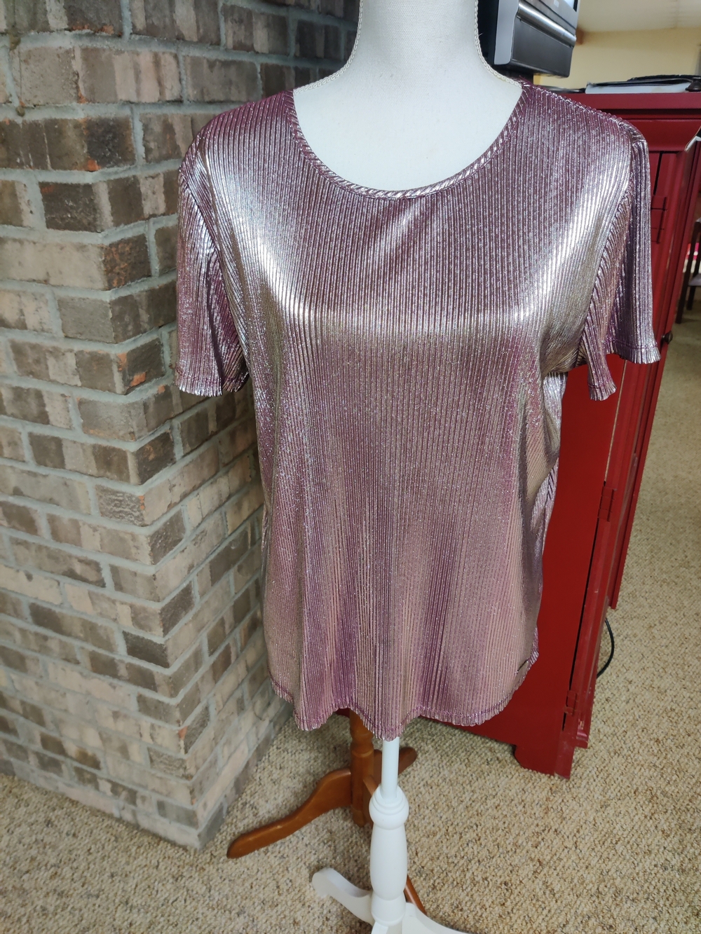 Nine West Metallic Rose Gold Ribbed Short Sleeve Top Size Large